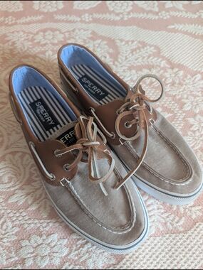 Sperry Women’s Tan Canvas & Brown Leather Boat Shoes
